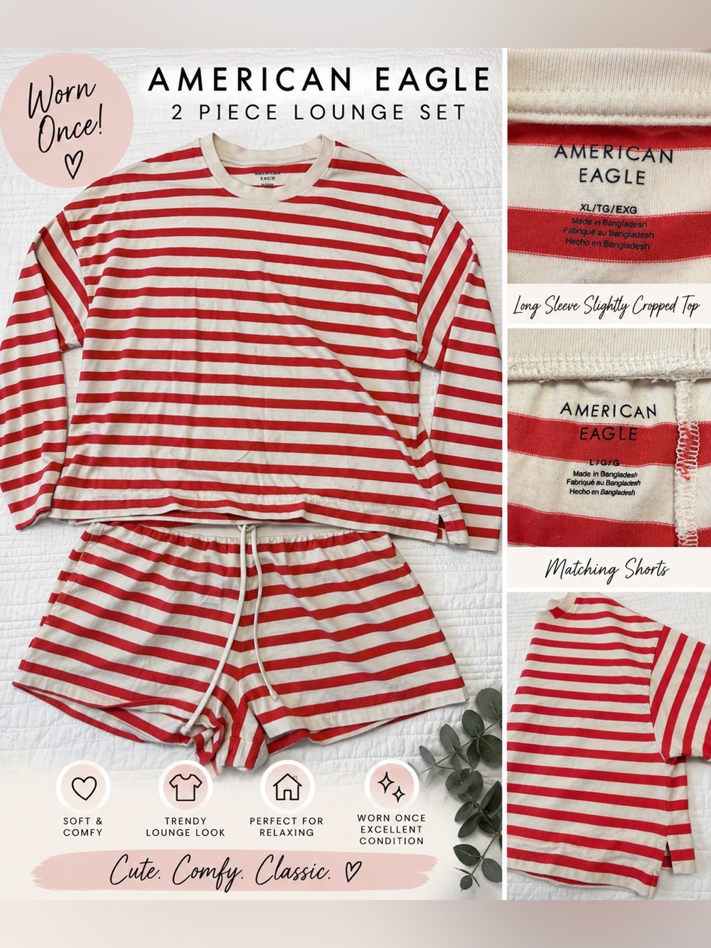 American Eagle Outfitters Red & Cream Striped Two-Piece Lounge Set